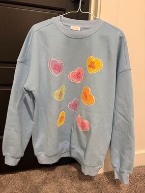 Light Blue Crewneck with Multicolor Conversation Hearts